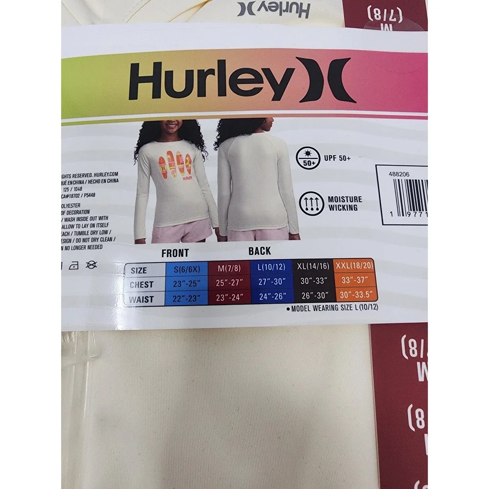Hurley Girls Long Sleeve‎ UPF Swim Top Cream Polyester Relaxed Size Medium 7/8